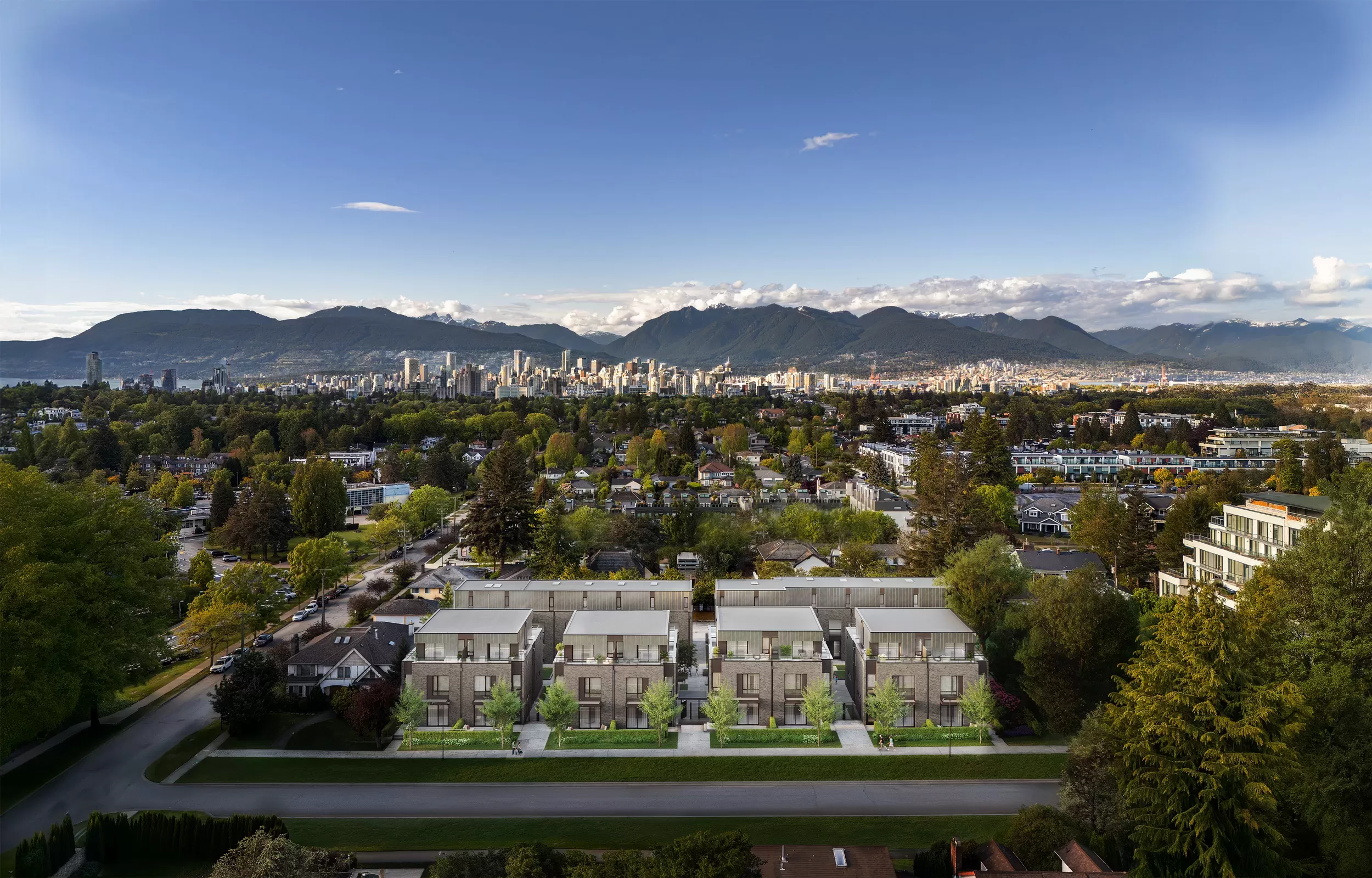 Lucca QE Parkside townhome exterior with landscaped grounds