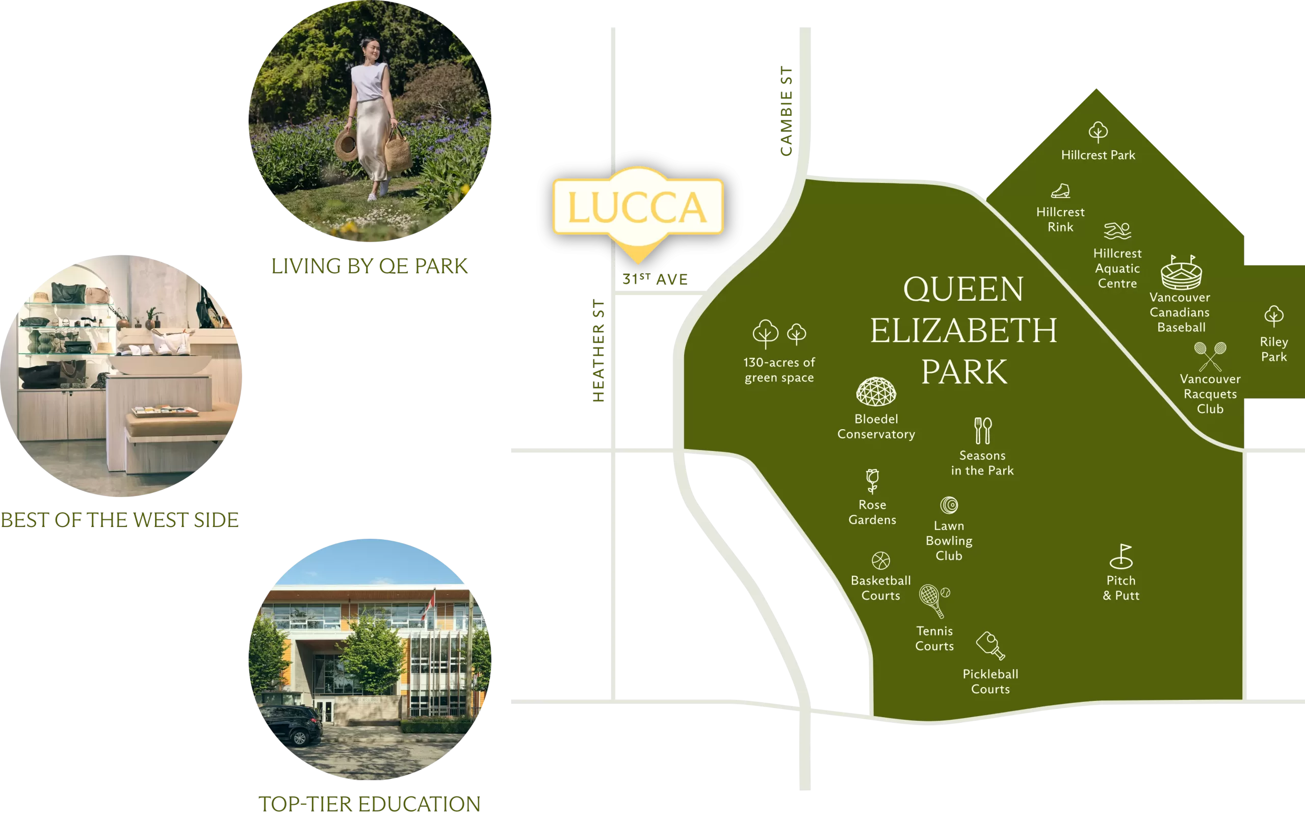 Map: Lucca QE location relative to Queen Elizabeth Park, Oakridge Centre, transit & schools